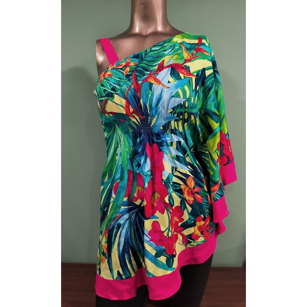 Cache Silk Blend Tropical Floral One Shoulder Smocked Tunic Top Green Pink S